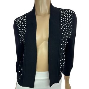Ronni Nicole Size S Black Cardigan Sweater White Beads 3/4 Sleeve Rayon/Nylon